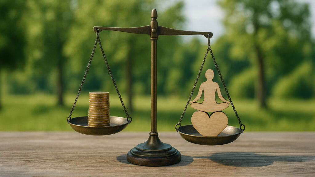Scales being balanced between money and wellbeing