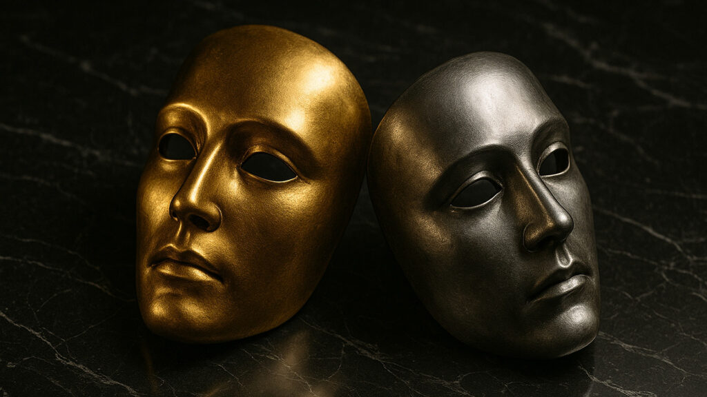 Two metallic theatre masks, one gold the other silver.